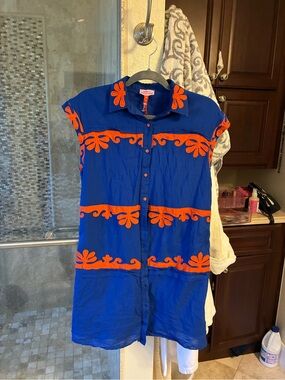 Never a wallflower Royal Blue Mini Dress with Orange Floral Trim